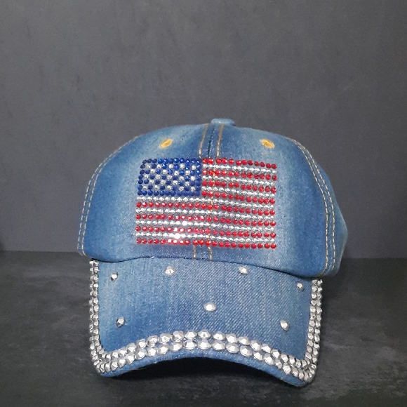 Accessories - NWOT Denim Rhinestone American Flag Baseball Cap - Blue